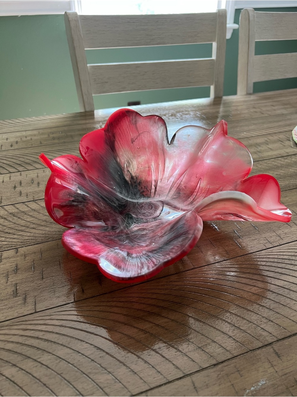 Hand-Blown Red and Black Glass Flower Bowl - Decorative Home Art - Picture 3 of 3